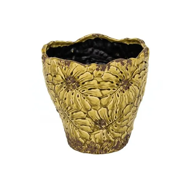 Il Vaso Decorativo Rotondo Bohemian Leaf Pot di Mega Collections (distribuito da Floral Garden) infonde un'atmosfera botanica e rétro irresistibile in qualsiasi ambiente interno colore oro antico su sfondo bianco