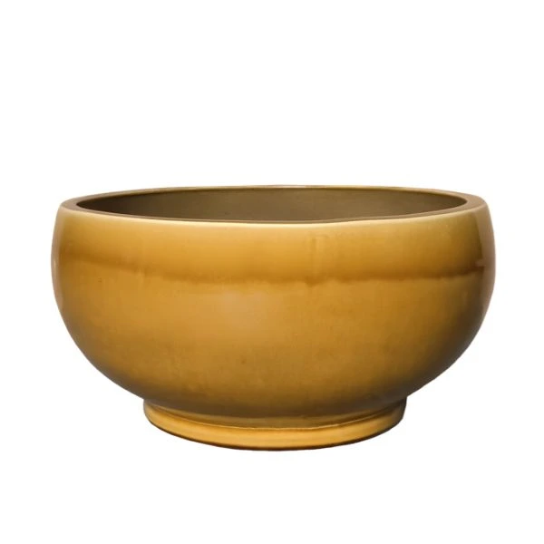 Vaso Decorativo Rotondo Noble Bowl Low in Ceramica Smaltata di Mega Collections (distribuita da Floral Garden). Questo elemento d'arredo basso e svasato (Bowl Shape) si sviluppa su una base solida con piedistallo pronunciato, ideale per dare vita a composizioni botaniche espanse o ospitare micro-paesaggi succulenti. Colore giallo ocra su sfondo bianco.