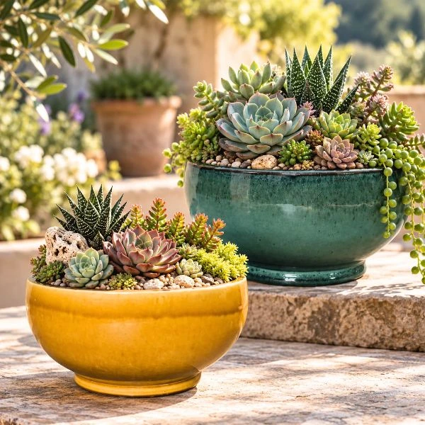 Vaso Decorativo Rotondo Noble Bowl Low in Ceramica Smaltata di Mega Collections (distribuita da Floral Garden). Questo elemento d'arredo basso e svasato (Bowl Shape) si sviluppa su una base solida con piedistallo pronunciato, ideale per dare vita a composizioni botaniche espanse o ospitare micro-paesaggi succulenti. Immagine di due vasi con piante in un girardino