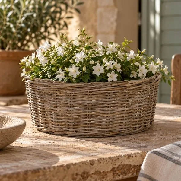 Cesta EviCilinder Low in rattan intrecciato senza manici. Su Floral Garden: fodera impermeabile interna e 3 grandi misure cilindriche fino a D58!