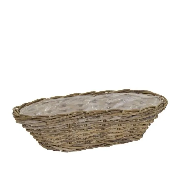 Cesta EvilOval Boat in rattan intrecciato senza manici. Su Floral Garden: fodera impermeabile interna e design ovale a barchetta di L58 cm.