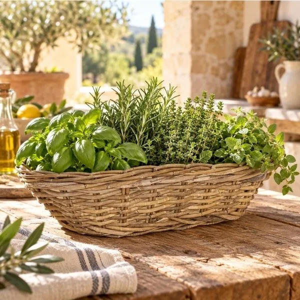 Cesta EvilOval Boat in rattan intrecciato senza manici. Su Floral Garden: fodera impermeabile interna e design ovale a barchetta di L58 cm.