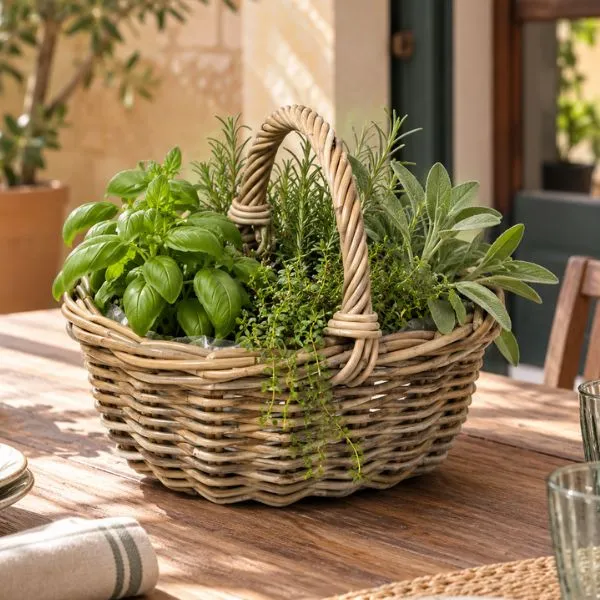 Fodera impermeabile interna e finitura naturale grigio fango! Scopri la cesta Harvest Kubu in rattan di Floral Garden in 3 misure fino a L46.
