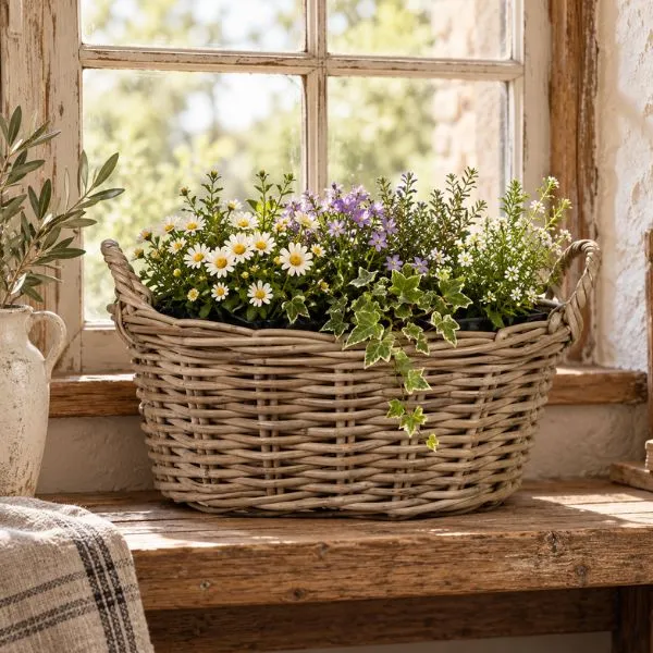 Fodera stagna interna e solido rattan intrecciato a mano! Scopri la cesta coprivaso ovale LanaHigh Tapered di Floral Garden, in 2 misure fino a L36 cm.