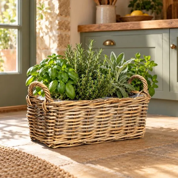 Fodera stagna interna e solido rattan intrecciato a mano! Scopri la fioriera rettangolare DesiRectang di Floral Garden, in 3 misure fino a L58 cm.