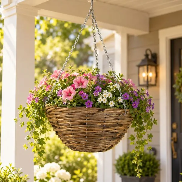 Catena in metallo e fodera impermeabile incluse! Scopri la fioriera pensile Cubu D35 in rattan naturale di Floral Garden sul nostro e-commerce.
