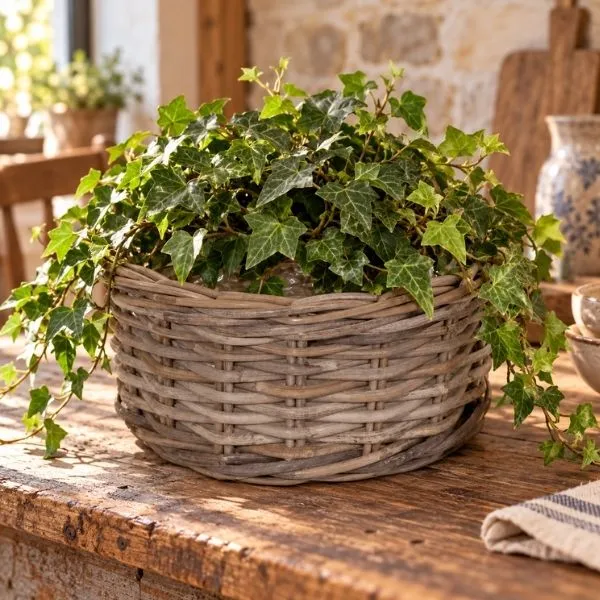 Cesta Ciotola EviRound Low BH in rattan intrecciato senza manici. Su Floral Garden: interno protettivo impermeabile in un set da 3 misure rotonde!