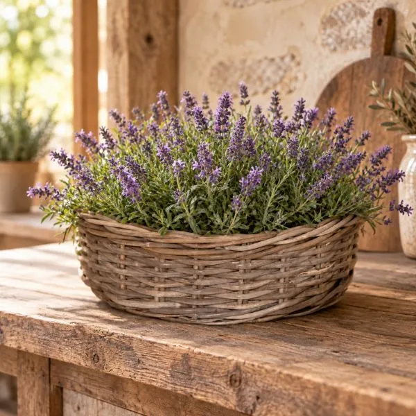 Cesta Ciotola EviRound Low BL in rattan intrecciato senza manici. Su Floral Garden: fodera impermeabile interna in 3 ampie misure rotonde fino a D45!
