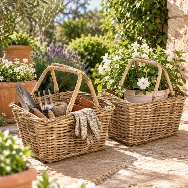 Uso coprivaso con telo o sottovaso, porta attrezzi o vero picnic! Scopri la cesta multiuso LoniPicnic B 46x33 cm in rattan su Floral Garden.