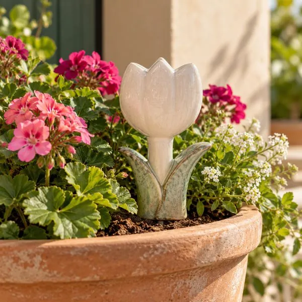 Corolla panna e foglie verde salvia! Scopri il romantico tulipano decorativo NinaTurtle in ceramica di Floral Garden, in 2 misure fino a H25 cm.