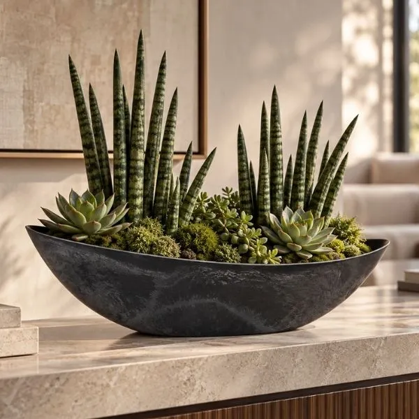 Vaso Cachepot a Barca BrightBoat in plastica strutturata. Su Floral Garden: esclusivo design a mezza luna senza foro, perfetto per davanzali e interni!