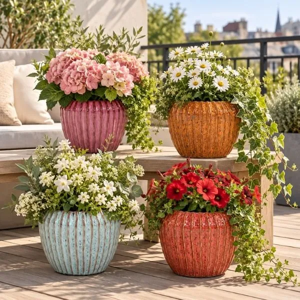 Vaso Cachepot Ide Rib Cone in ceramica smaltata. Su Floral Garden: esclusivo design a costine senza foro, perfetto per interni in 3 misure!
